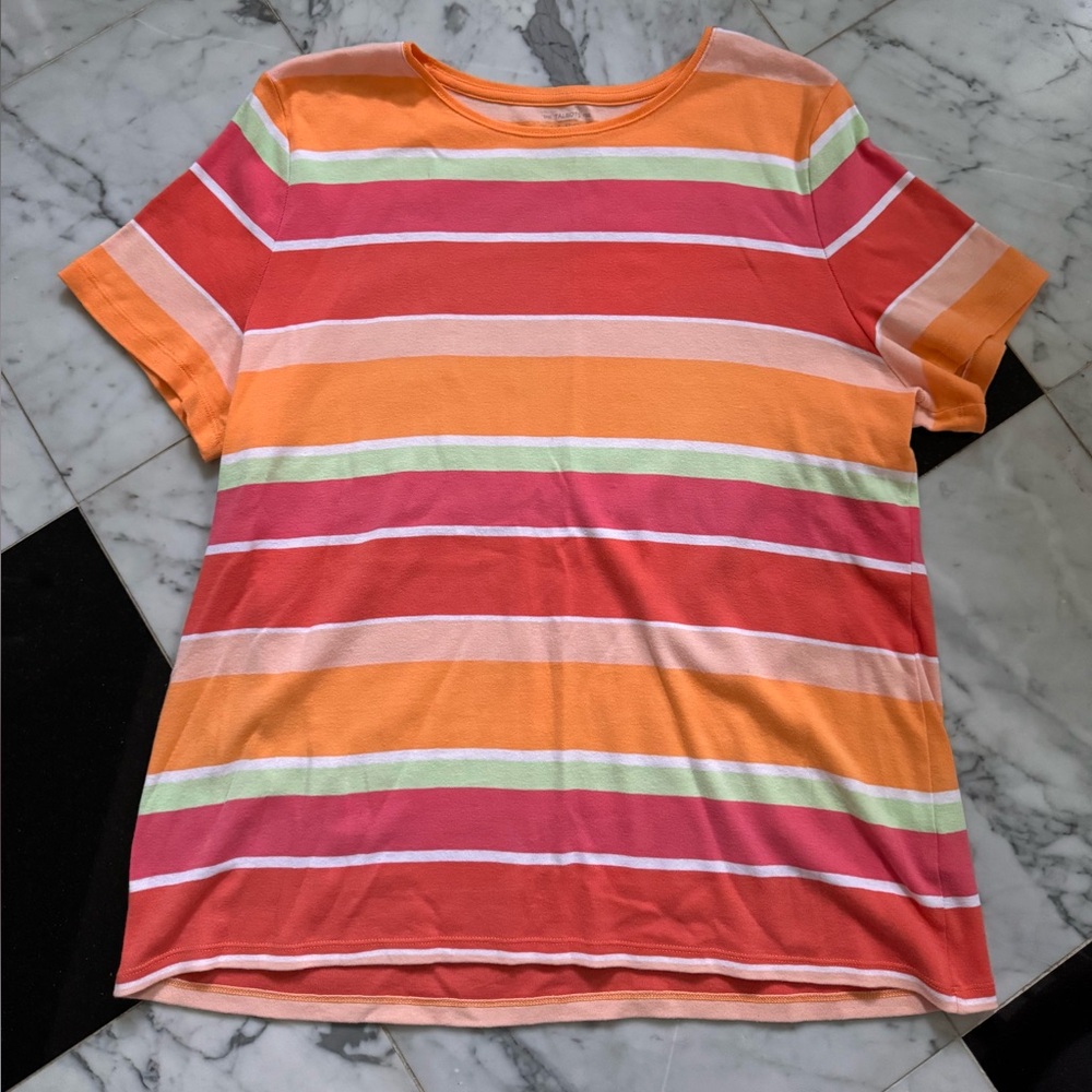 Talbots Bright Striped Tee 1X Orange Pink Cotton T-Shirt Classsic Retro Preppy